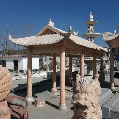 公园户外晚霞红石雕中式古建筑凉亭雕塑 