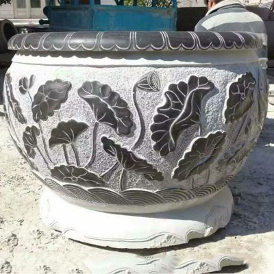 青石石雕浮雕荷花荷叶大型水缸雕塑 