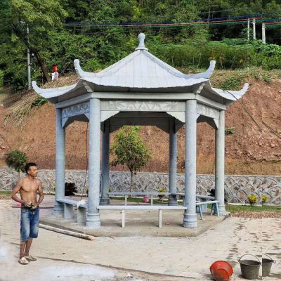 户外园林景区摆放仿古六角青石休闲凉亭 