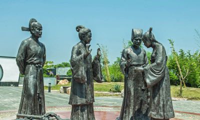 景区园林玻璃钢仿铜古代人物景观小品 