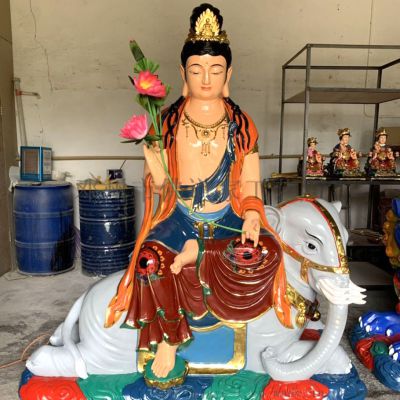 玻璃钢彩绘寺庙坐着大象的观音雕塑 观音雕塑石雕禅寺陨石博物