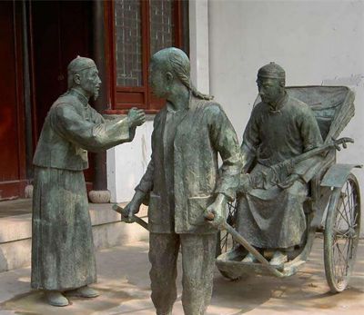 玻璃钢仿铜仿古做旧拉黄包车的人物小品 拉黄包车雕塑黄包车车夫厂家铜人