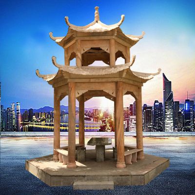 园林户外大型晚霞红石雕双层凉亭雕塑 