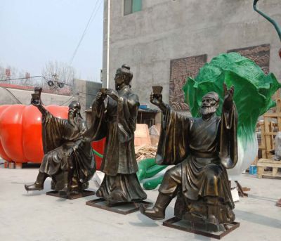 景区摆放玻璃钢仿铜古代人物喝酒情景雕塑 