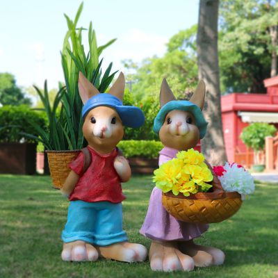 游乐园摆放玻璃钢彩绘卡通兔子花盆 兔子雕塑玉石女包嘴巴残忍
