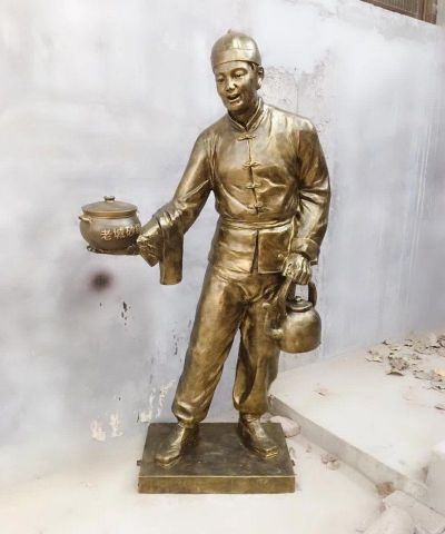 玻璃钢仿铜情景小品饭店店小二雕塑民俗文化 店小二雕塑铜雕门口制作厂家