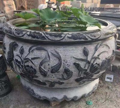 景点园林摆放养鱼青石雕刻荷花水缸雕塑 