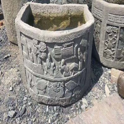 庭院石雕水缸青石做旧仿古浮雕缸雕塑 