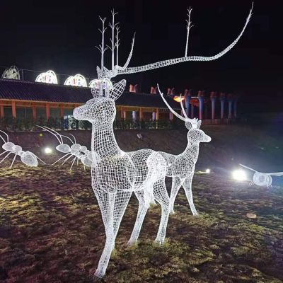 不锈钢抽象动物景观金属铁艺镂空梅花鹿雕塑 
