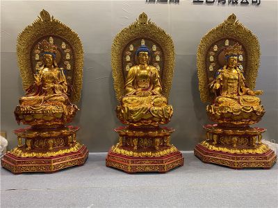 景区寺庙玻璃钢鎏金三圣雕塑 三圣雕塑纯铜高等公园电话
