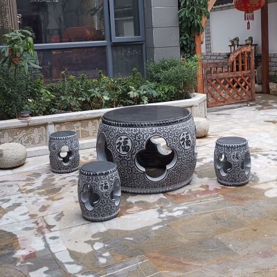 庭院摆放青石福字镂空圆鼓石桌凳 桌凳雕塑效果大理简介大象