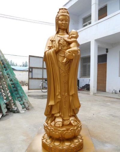 寺庙道观大型立式玻璃钢喷金烤漆送子观音雕塑 