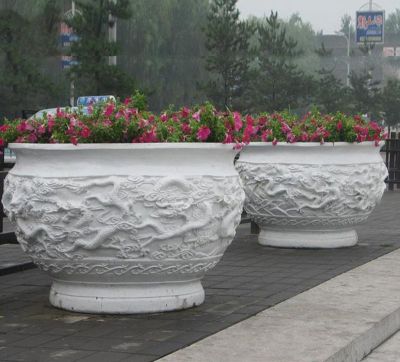 广场公园摆放大型汉白玉浮雕龙纹花缸雕塑 