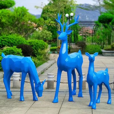 玻璃钢几何抽象动物蓝色梅花鹿雕塑 