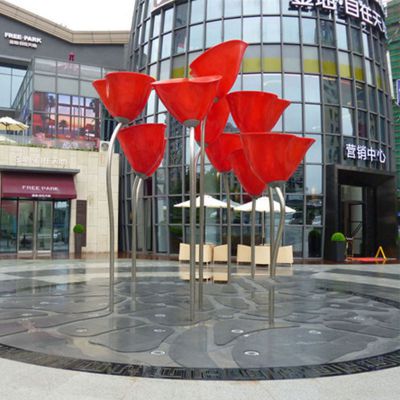 商业广场喷泉摆放不锈钢花朵景观雕塑 花朵雕塑大型树叶蓝天教程