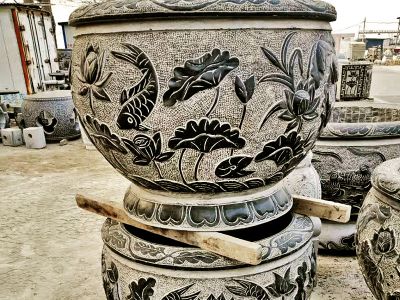 庭院摆放仿古青石浮雕荷花水缸 