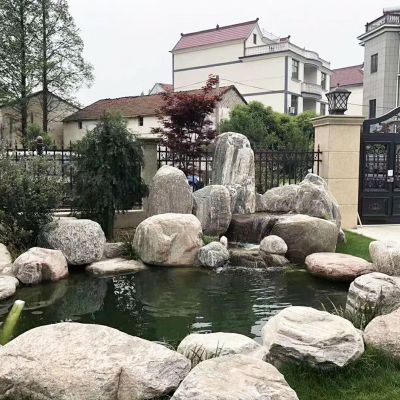 别墅室外池塘假山石景观 