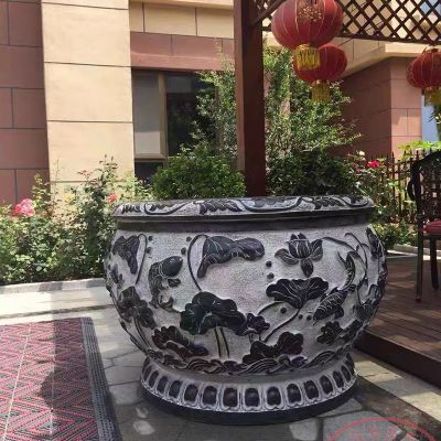 园林户外青石石雕浮雕莲花鲤鱼大型水缸雕塑 
