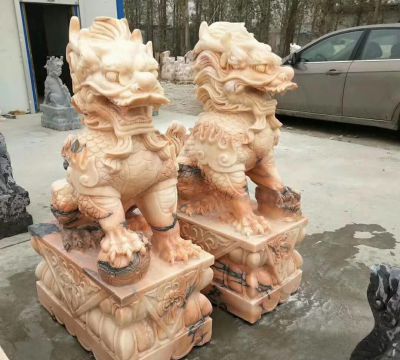 酒店摆放一对招财晚霞红麒麟石雕 麒麟雕塑青石葫芦纹身地址
