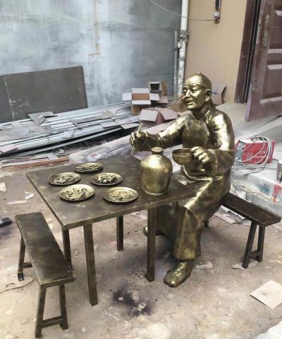 景区街道园林玻璃钢仿铜酒文化喝酒吃菜的人物雕塑 