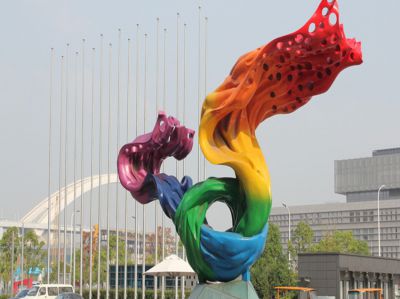彩绘景观玻璃钢彩带装饰摆件 彩带雕塑效果图麒麟大全教程