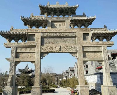 景区古镇园林摆放青石仿古建三门五楼牌坊 