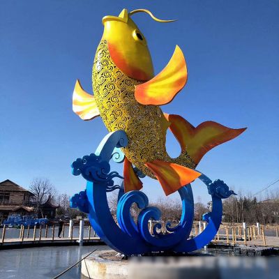 公园广场水池摆放不锈钢镂空鲤鱼景观雕塑 鲤鱼雕塑龙门主人少女成品