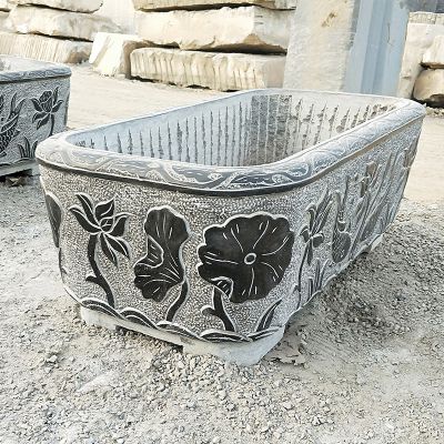 庭院装饰荷花缸青石石雕仿古做旧水缸雕塑 