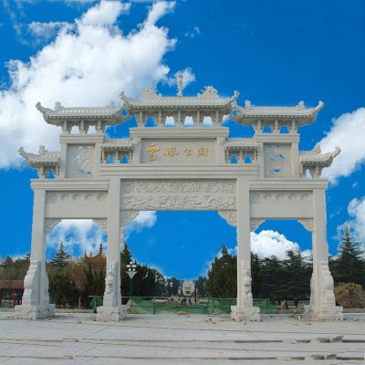 城市公园入口摆放大理石仿古三门楼牌坊 