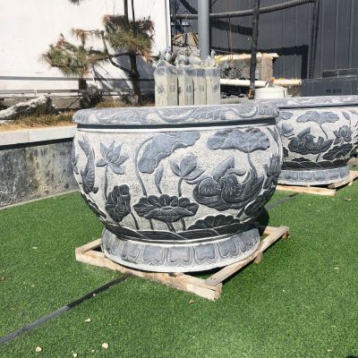 园林摆放青石浮雕荷花养鱼种花水缸雕塑 