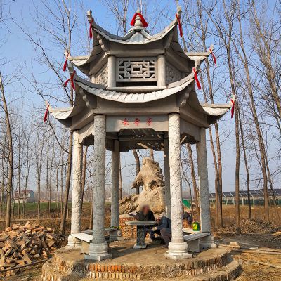 园林景观户外青石石雕中式双层凉亭雕塑 