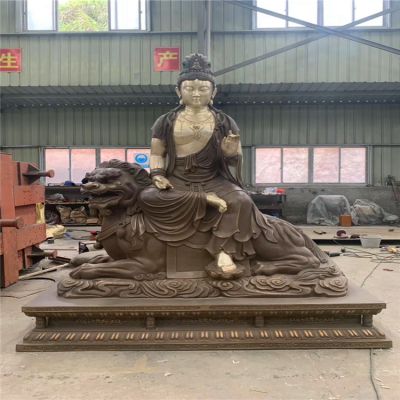 景区不锈钢仿铜浮雕文殊普贤雕塑 文殊雕塑石雕塑像满背坐像