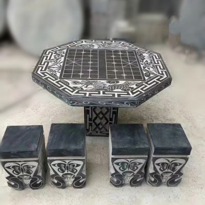 青石石雕八边形棋盘格石桌石凳雕塑 石桌雕塑商场石狮全套奇石