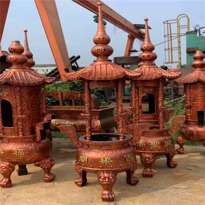 寺庙上香焚烧祈福定制玻璃钢仿铜香炉雕塑
